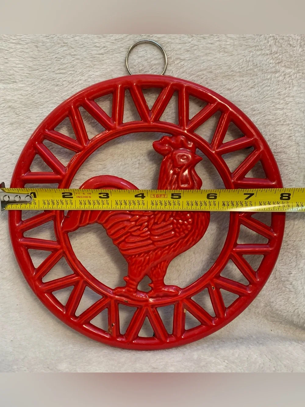 Enameled Cast Iron Red Rustic Rooster Trivet with Feet Farmhouse Decor